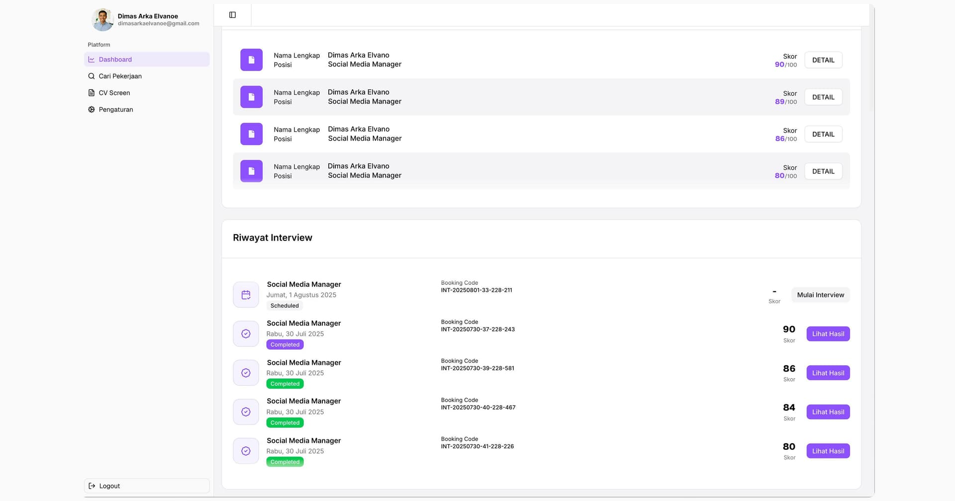 Riwayat di Dashboard